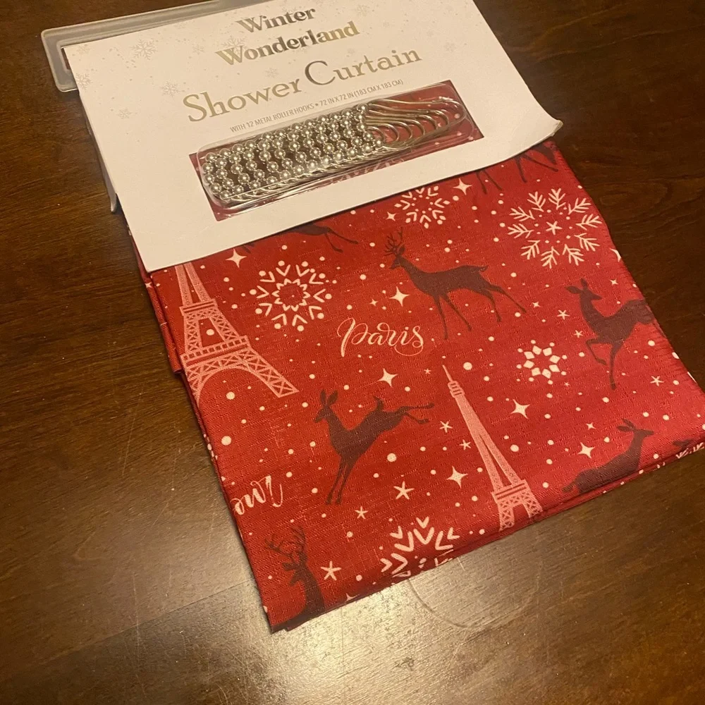 NEW Winter Wonderland shower curtain with metal hooks.